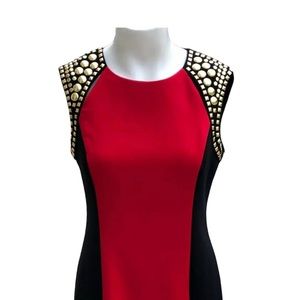 Women Designer MICHAEL KORS Red Black Gold Embellished Shoulder Cocktail Dress 4